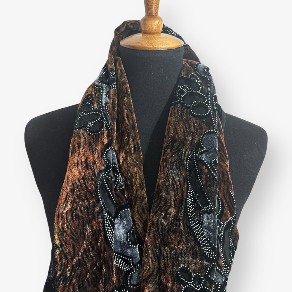 Silk blend animal print and beaded floral scarf